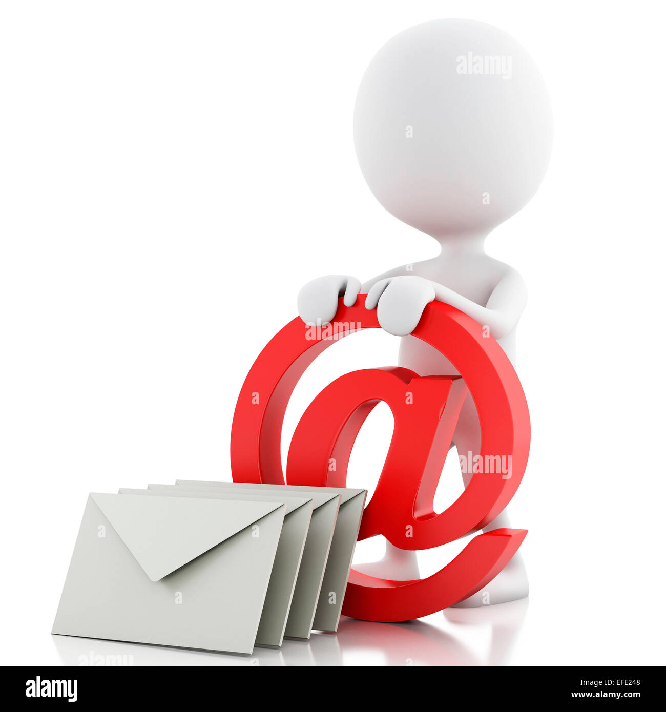 3D renderer immagine. Persone di colore bianco con il simbolo della posta elettronica e la busta. Isolato sfondo bianco Foto Stock