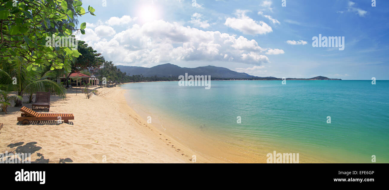 Spiaggia tropicale con chaise longue e mare Foto Stock