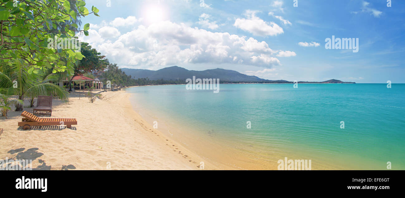 Spiaggia tropicale con chaise longue e mare Foto Stock