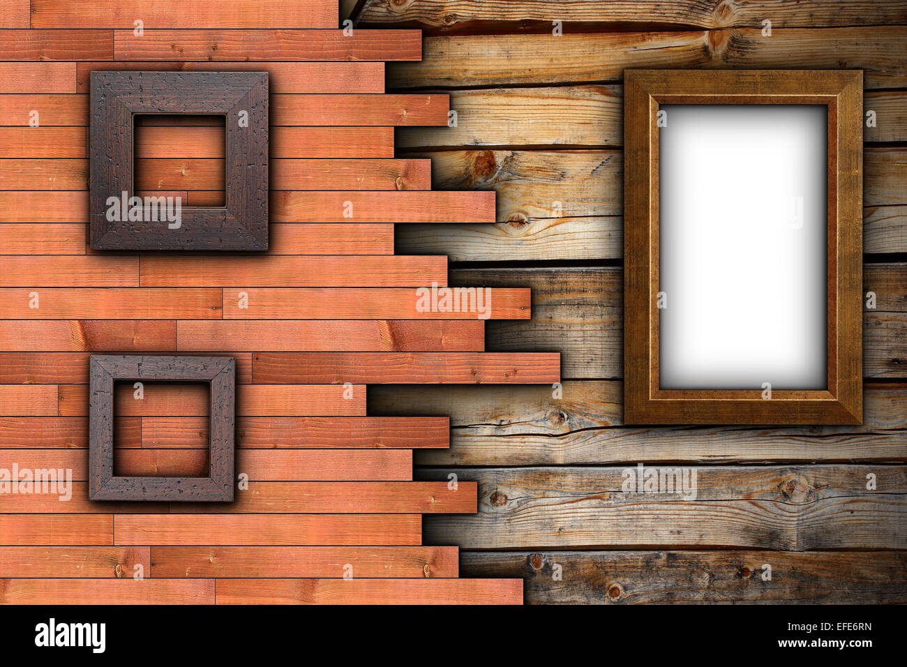 Abstract sfondo di legno con cornici vuote sulla parete pronto per il tuo progetto o la pubblicità Foto Stock