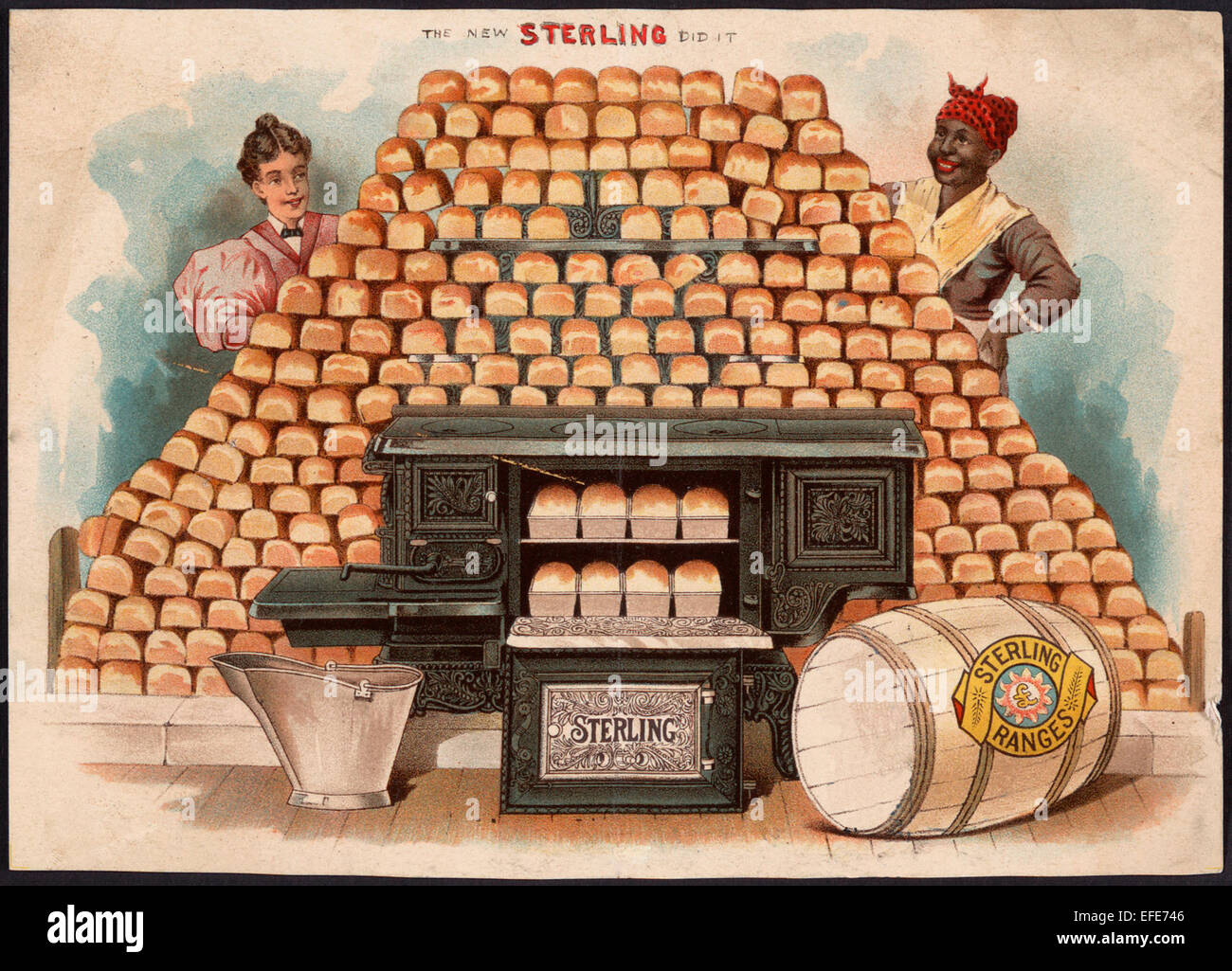Il nuovo Sterling ha fatto. Gamme di Sterling - Pubblicità per la Sterlina in ghisa a intervalli, che mostra due donne, uno americano africano, orgogliosamente la visualizzazione di un enorme piramide delle pagnotte di pane e la stufa di ferro che ha reso possibile, circa 18996 Foto Stock