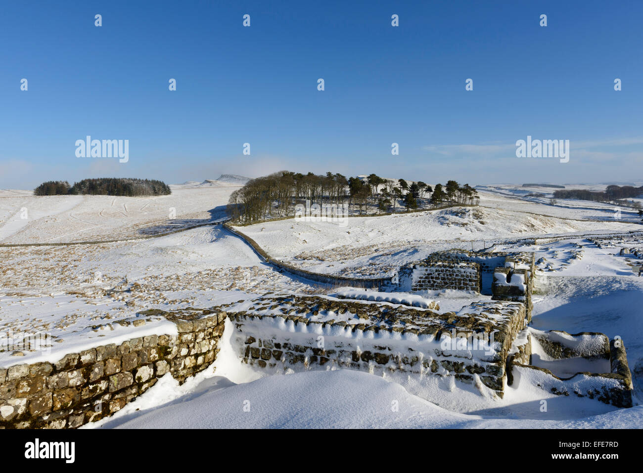 Porta nord a Housesteads Roman Fort in inverno Foto Stock