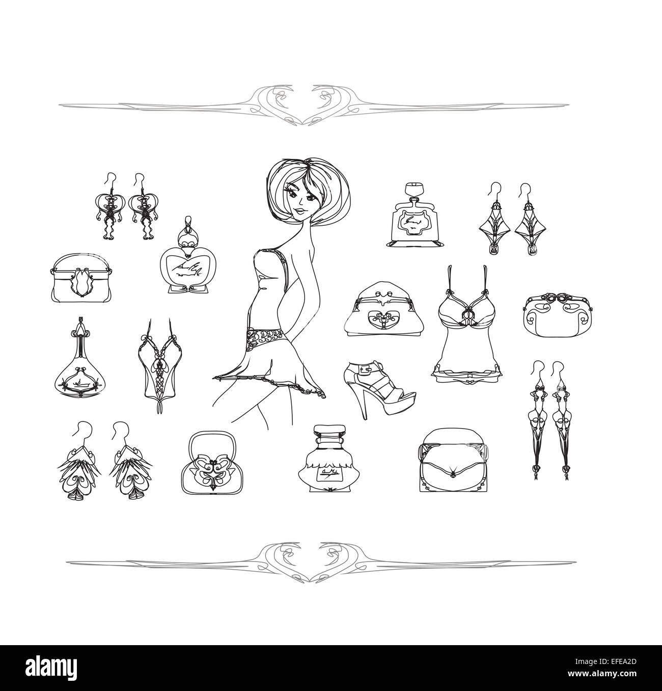 Shopping moda doodle icona impostare Illustrazione Vettoriale