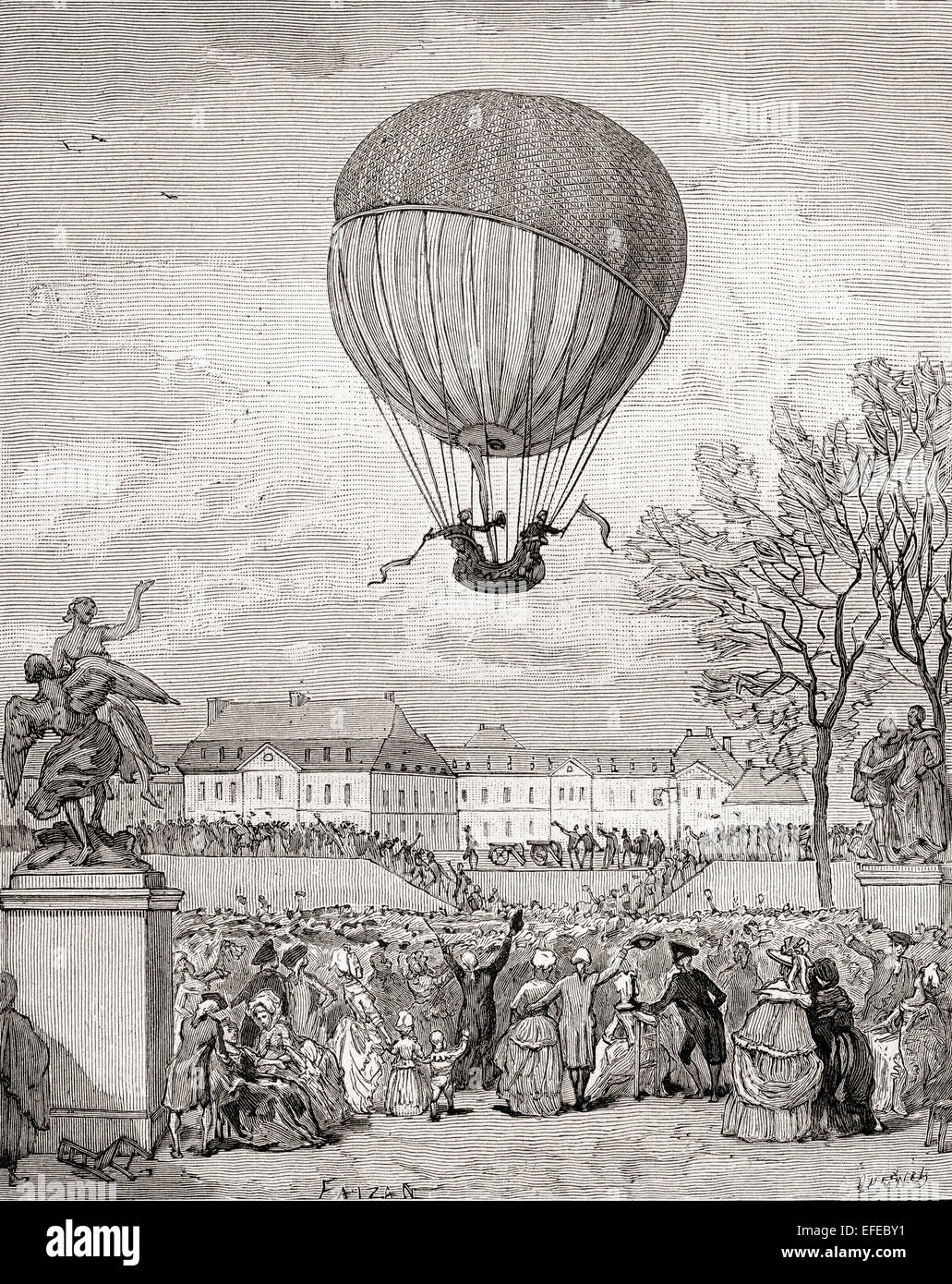 Il professor Jacques Charles e da Nicolas-Louis Robert volare il primo al mondo con equipaggio palloncino di idrogeno il 1 dicembre 1783 presso i giardini Tuilleries, Parigi, Francia. Foto Stock