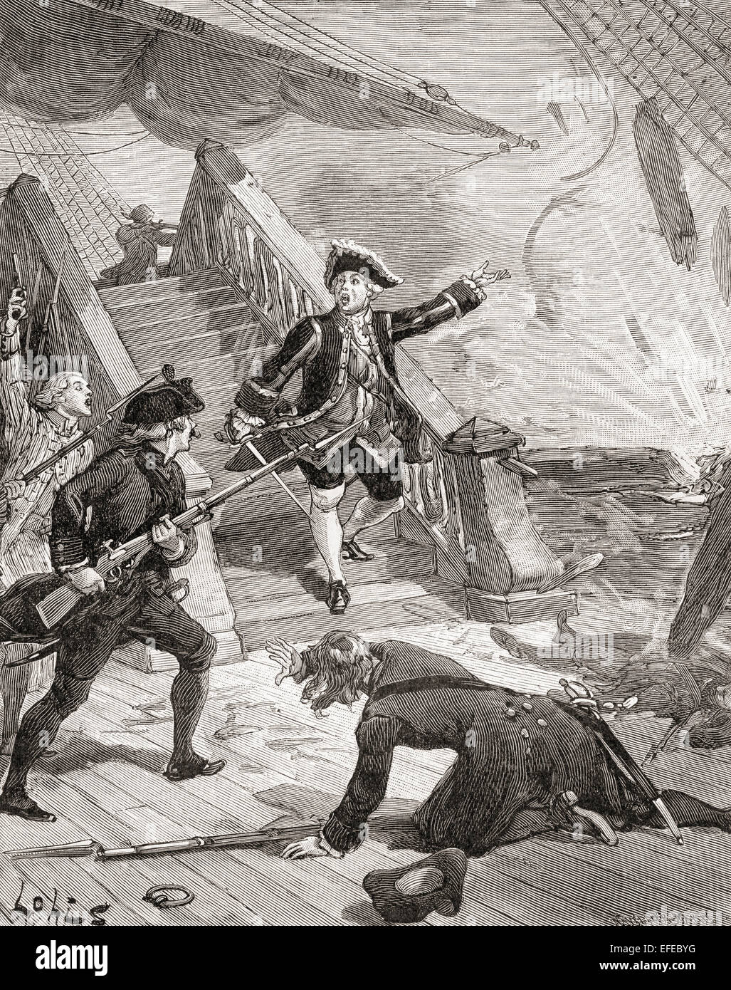 Admiral Suffren nell'Oceano Indiano durante la sua campagna contro l'inglese nel XVIII secolo. Admiral comte Pierre André de Suffren de Saint Tropez, Bailli de Suffren, 1729 - 1788. Ammiraglio francese. Foto Stock