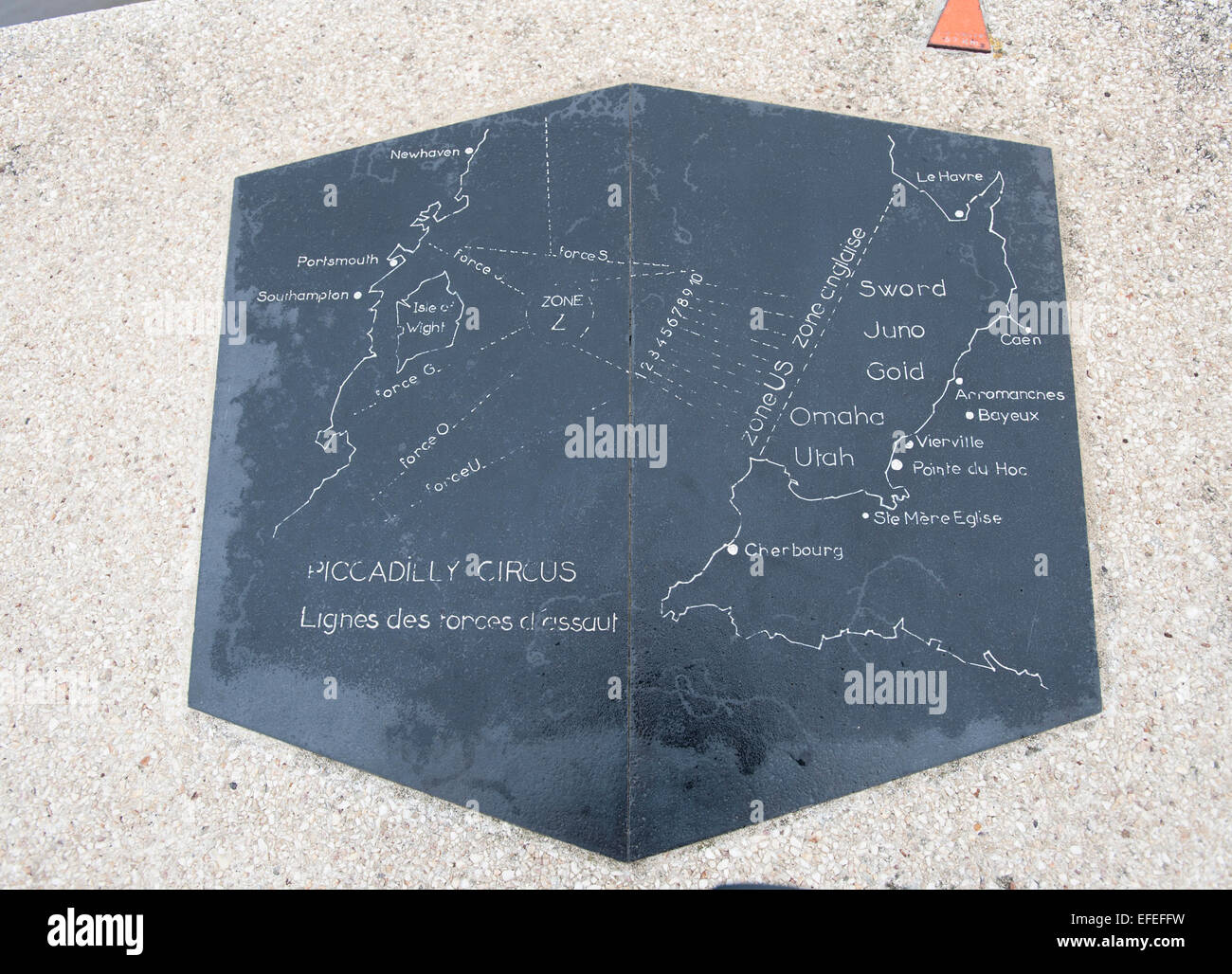 Mappa che mostra i visitatori della Normandia D-Day siti di atterraggio la posizione dell'oro, Juno e spada spiagge e le forze degli alleati Foto Stock