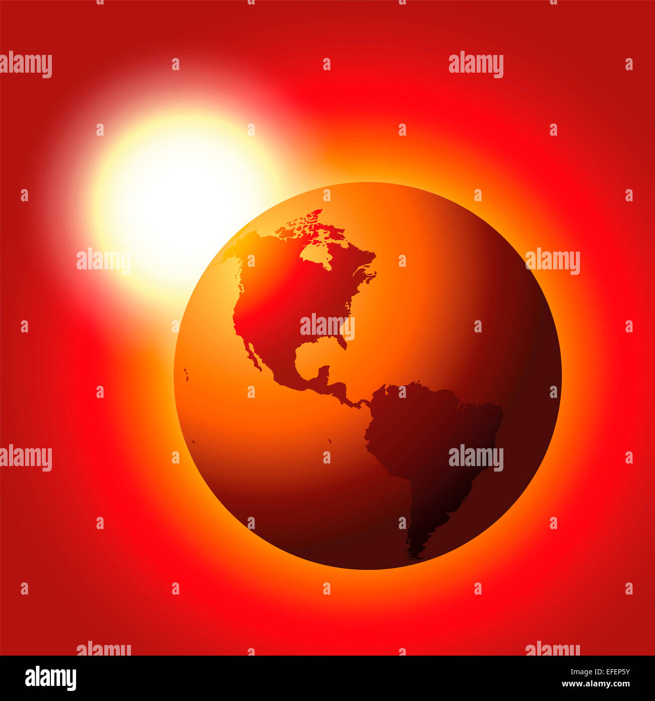 Rosso incandescente il pianeta terra con riscaldamento sole bianco in background - simbolo per il riscaldamento globale. Foto Stock