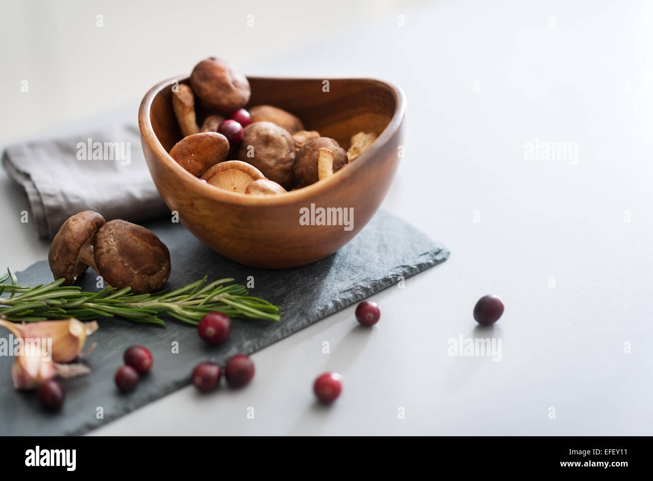 Primo piano sui funghi lingonberries e rosmarinus sul tavolo Foto Stock