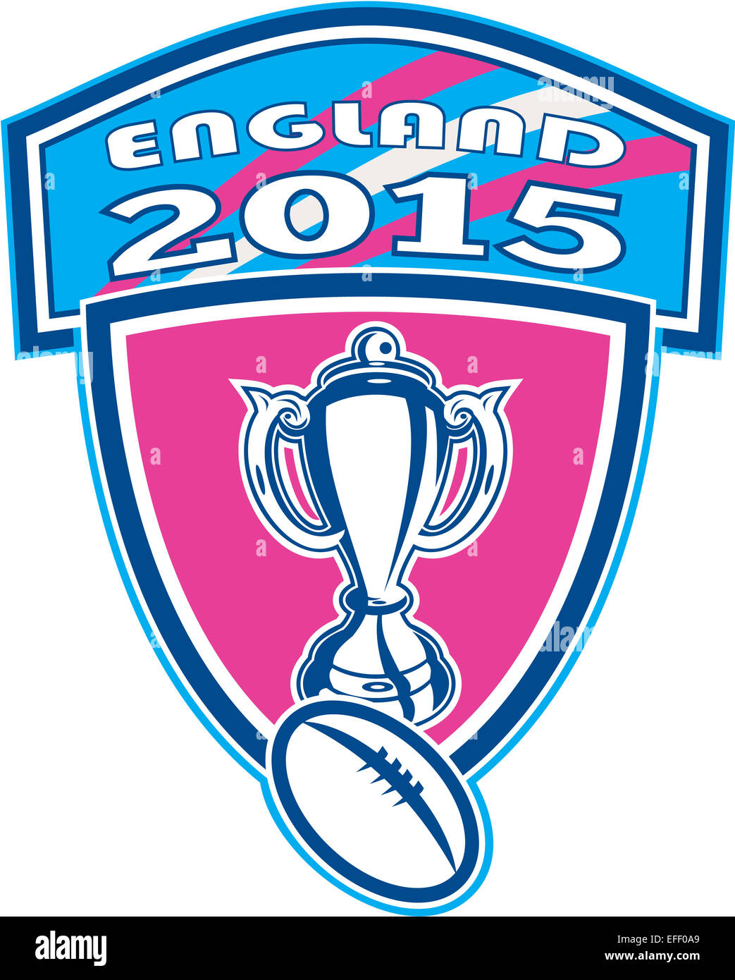 Illustrazione di Rugby Cup e la sfera insieme all'interno della protezione cresta con parole Inghilterra 2015 fatto in stile retrò. Foto Stock
