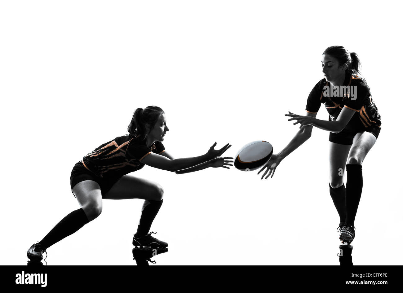 Rugby donne squadra di giocatori in silhouette isolato su bianco backround Foto Stock