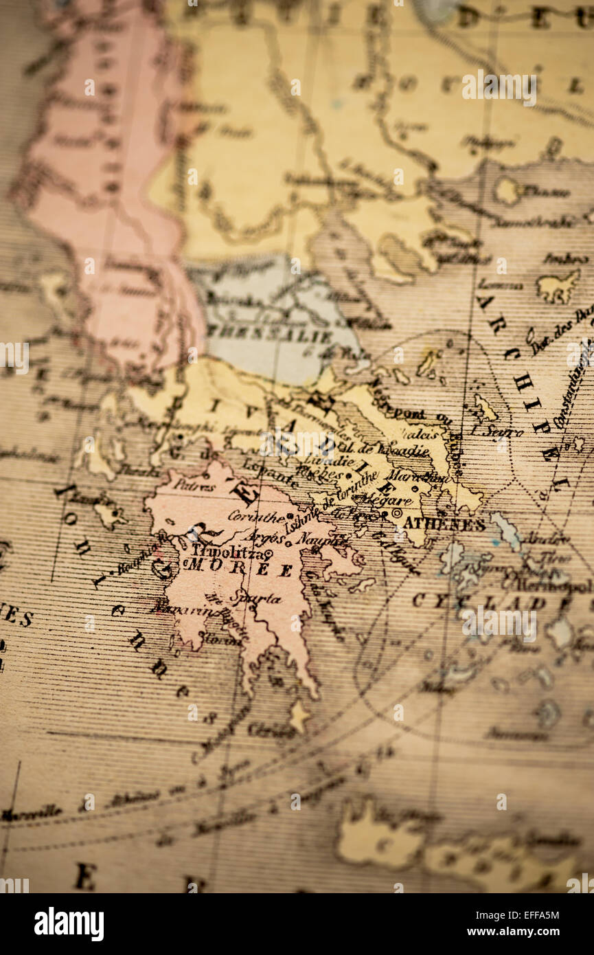 Francese antico dalla Mappa Nouvel Atlas Classique c: 1869. Messa a fuoco selettiva in Grecia e le isole greche. Foto Stock