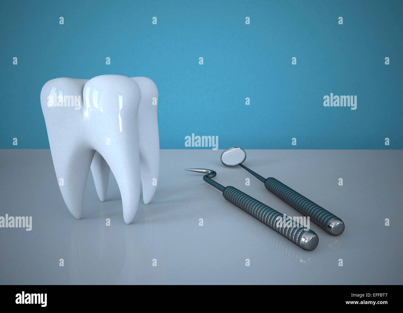 3D Rendering, dente con strumenti di dentista Foto Stock