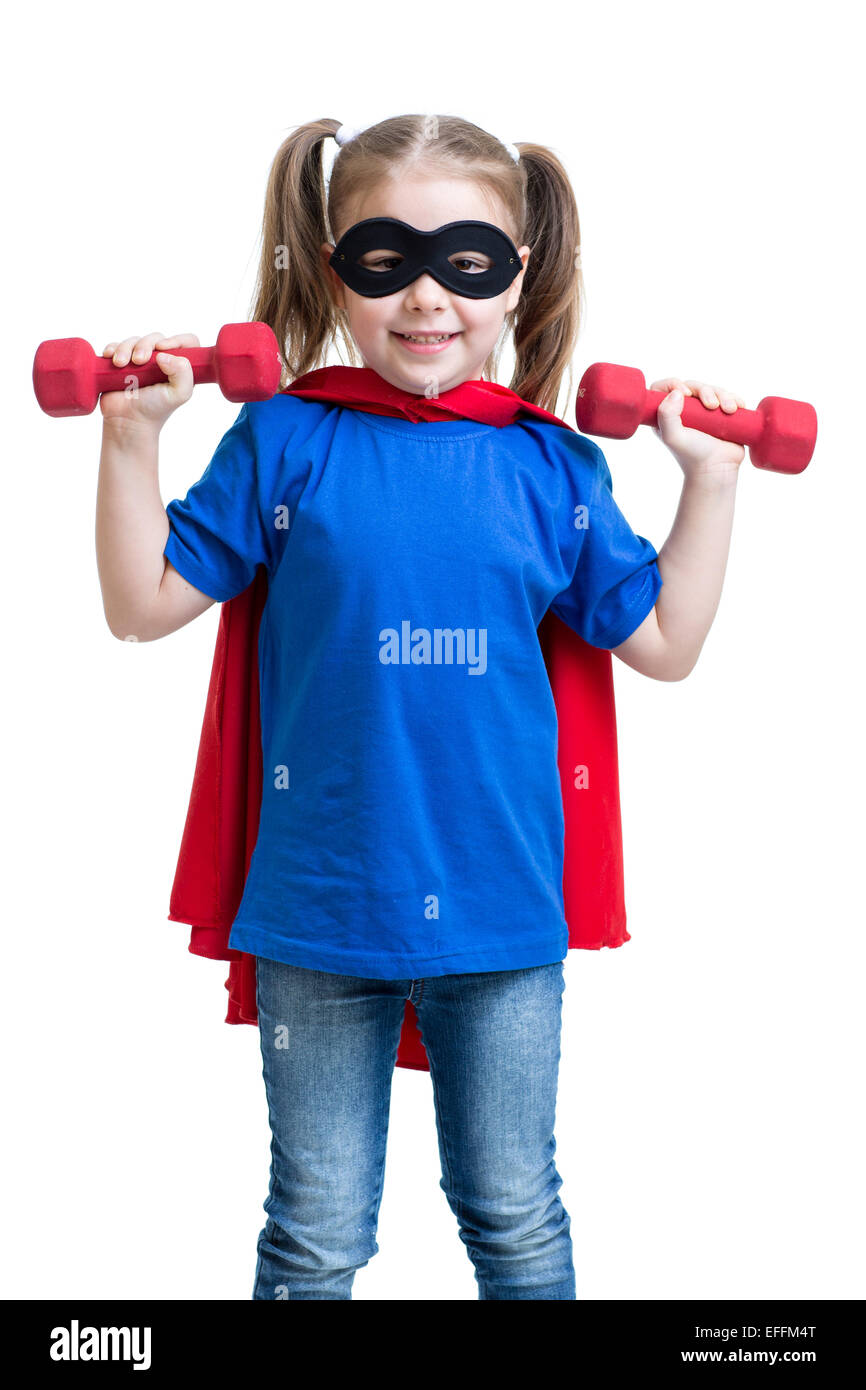 Kid bambina gioca supereroe e ascensori manubri Foto Stock