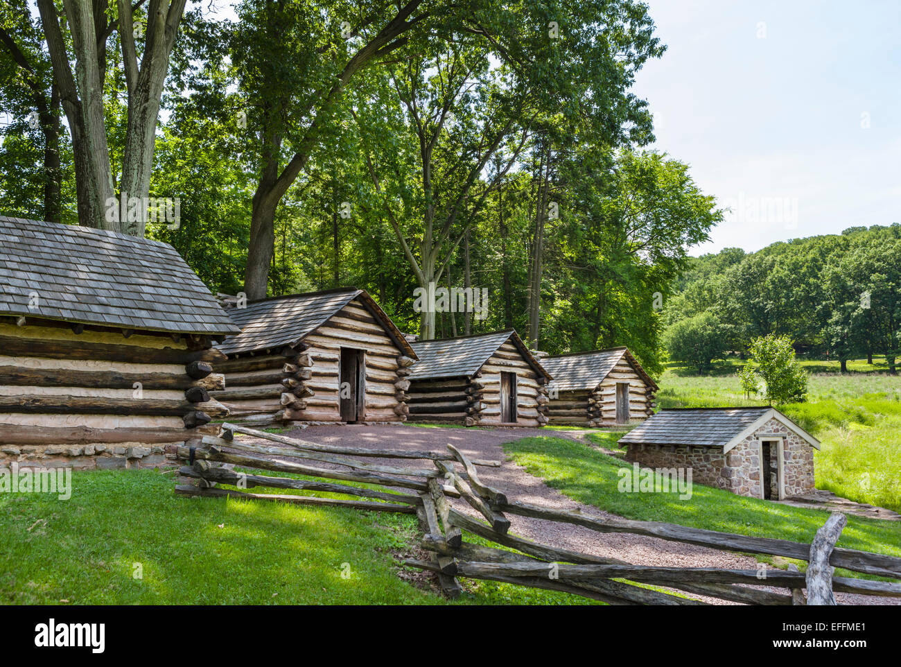 Capanne ricostruiti utilizzati dal Comandante in Capo di protezioni, Valley Forge National Historical Park, Pennsylvania, STATI UNITI D'AMERICA Foto Stock