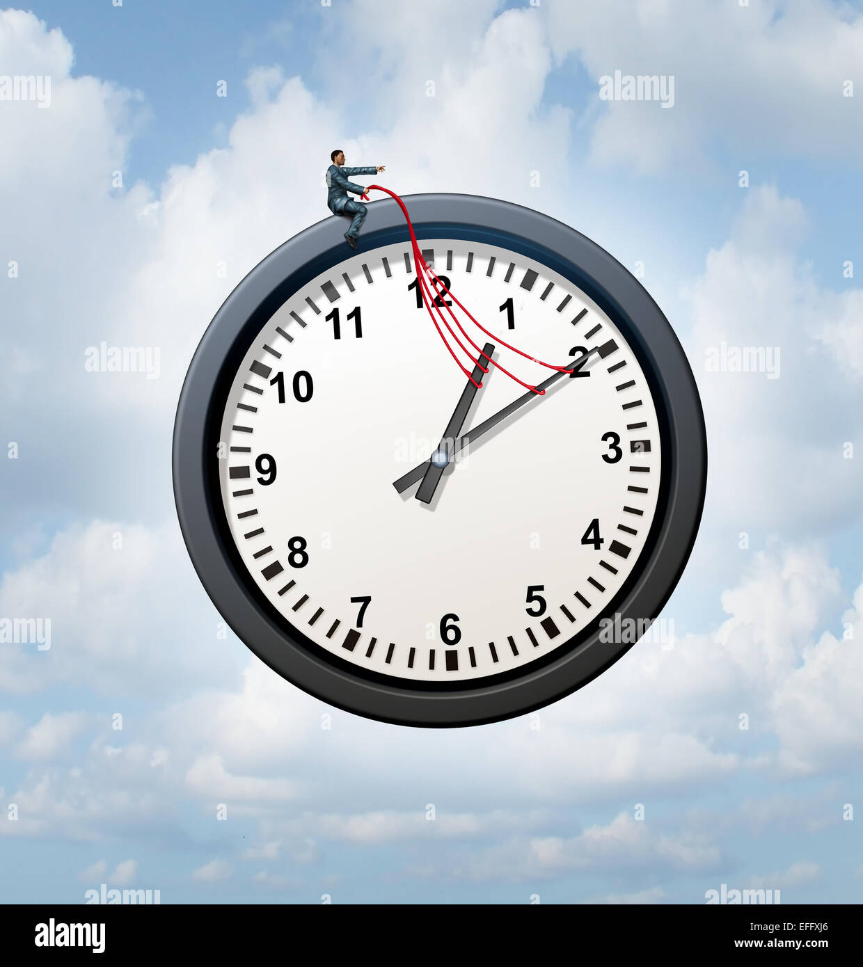 Controllare il concetto di tempo e della presa in carico del tuo business il simbolo del programma come un uomo di affari fornendo un orientamento per un volo metafora di clock nel cielo. Foto Stock