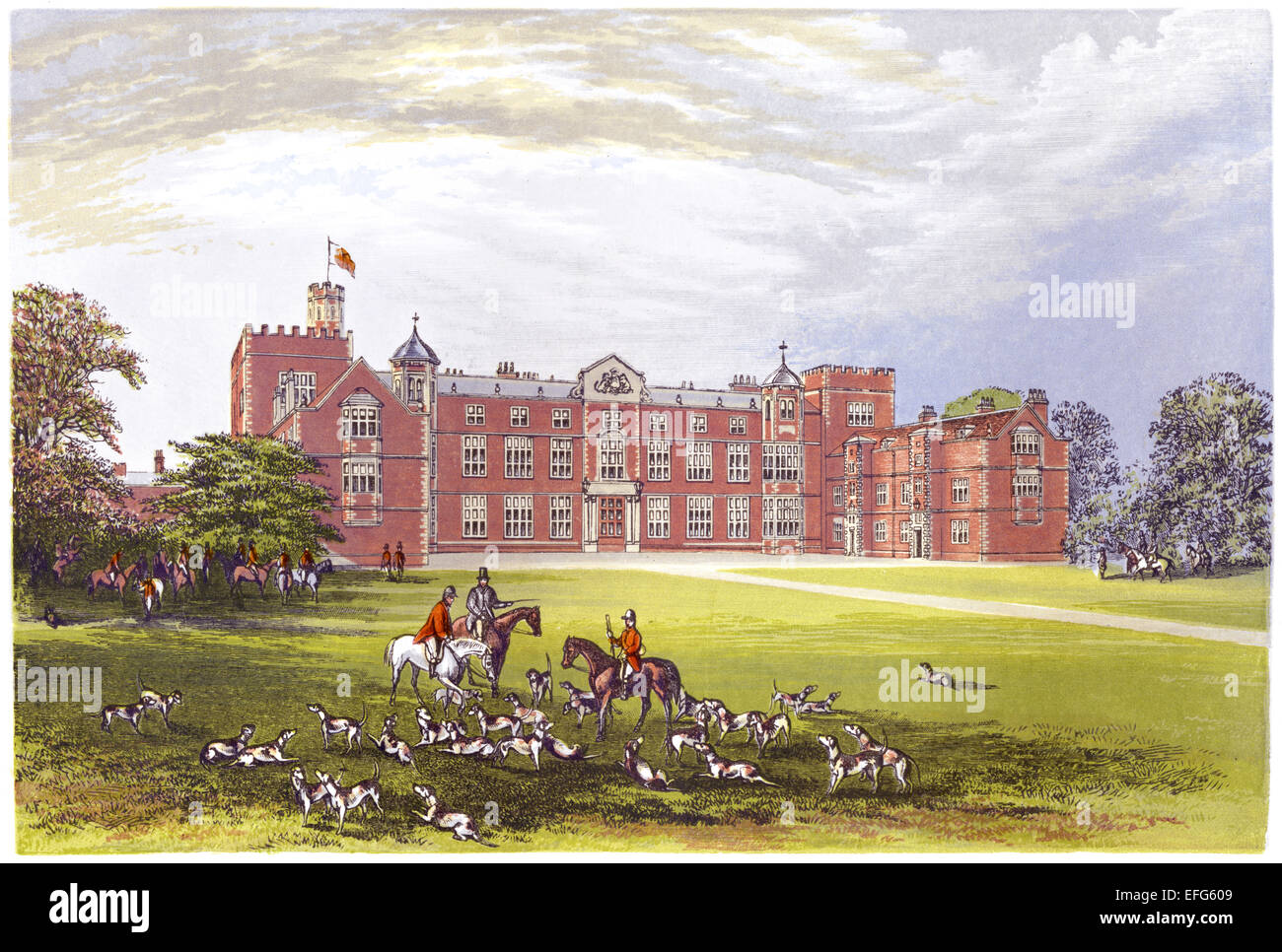 Un'illustrazione colorata di Burton Constable Hall (Skirlaugh, East Riding of Yorkshire UK) scansionata ad alta risoluzione da un libro stampato nel 1870. Foto Stock