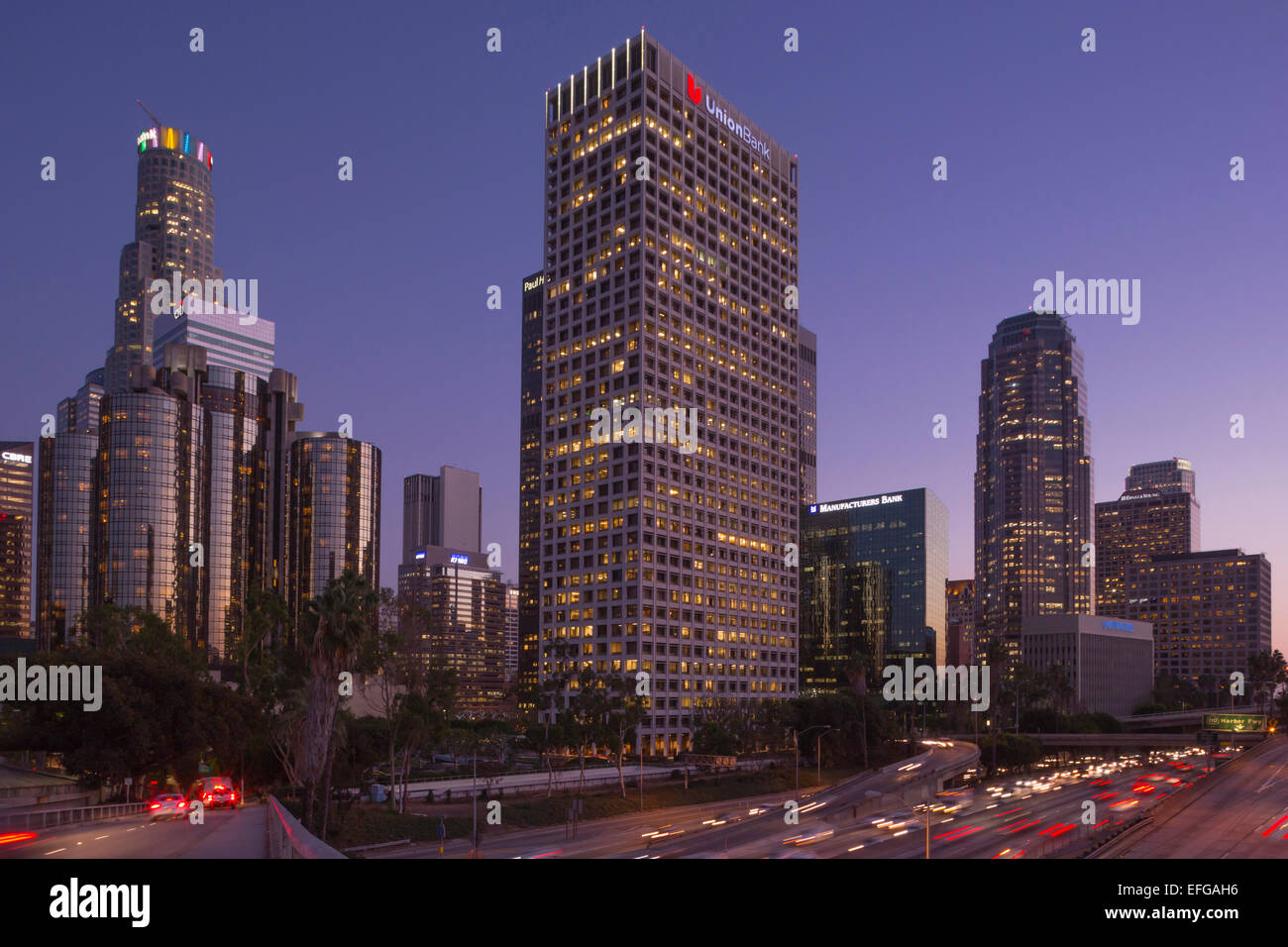 SKYLINE DEL CENTRO Interstate 110 HARBOR FREEWAY DI LOS ANGELES CALIFORNIA USA Foto Stock