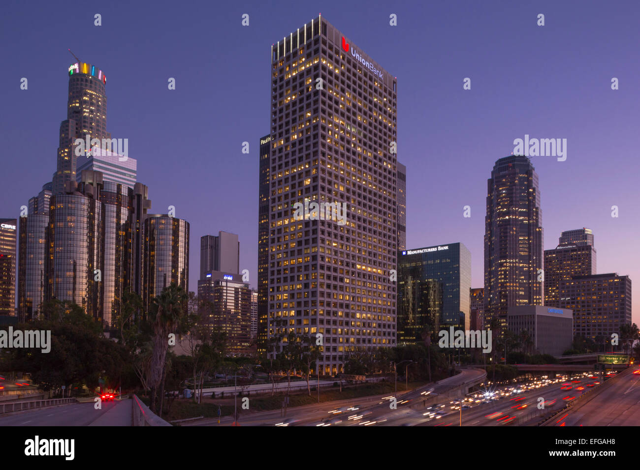 SKYLINE DEL CENTRO Interstate 110 HARBOR FREEWAY DI LOS ANGELES CALIFORNIA USA Foto Stock