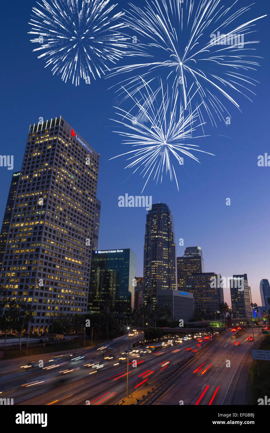 SKYLINE DEL CENTRO Interstate 110 HARBOR FREEWAY DI LOS ANGELES CALIFORNIA USA Foto Stock