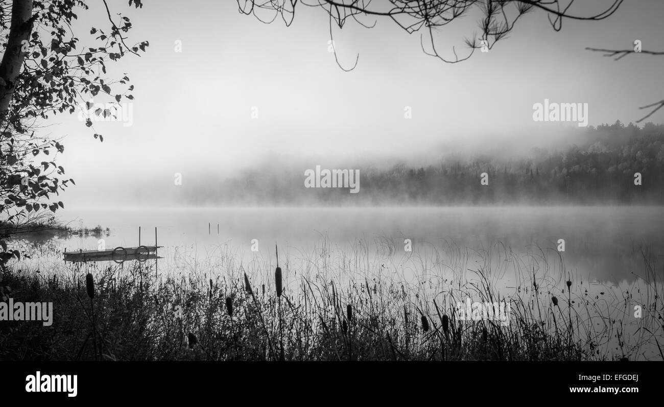 Rotoli di nebbia intorno ad un lago ogni mattina. Foto Stock