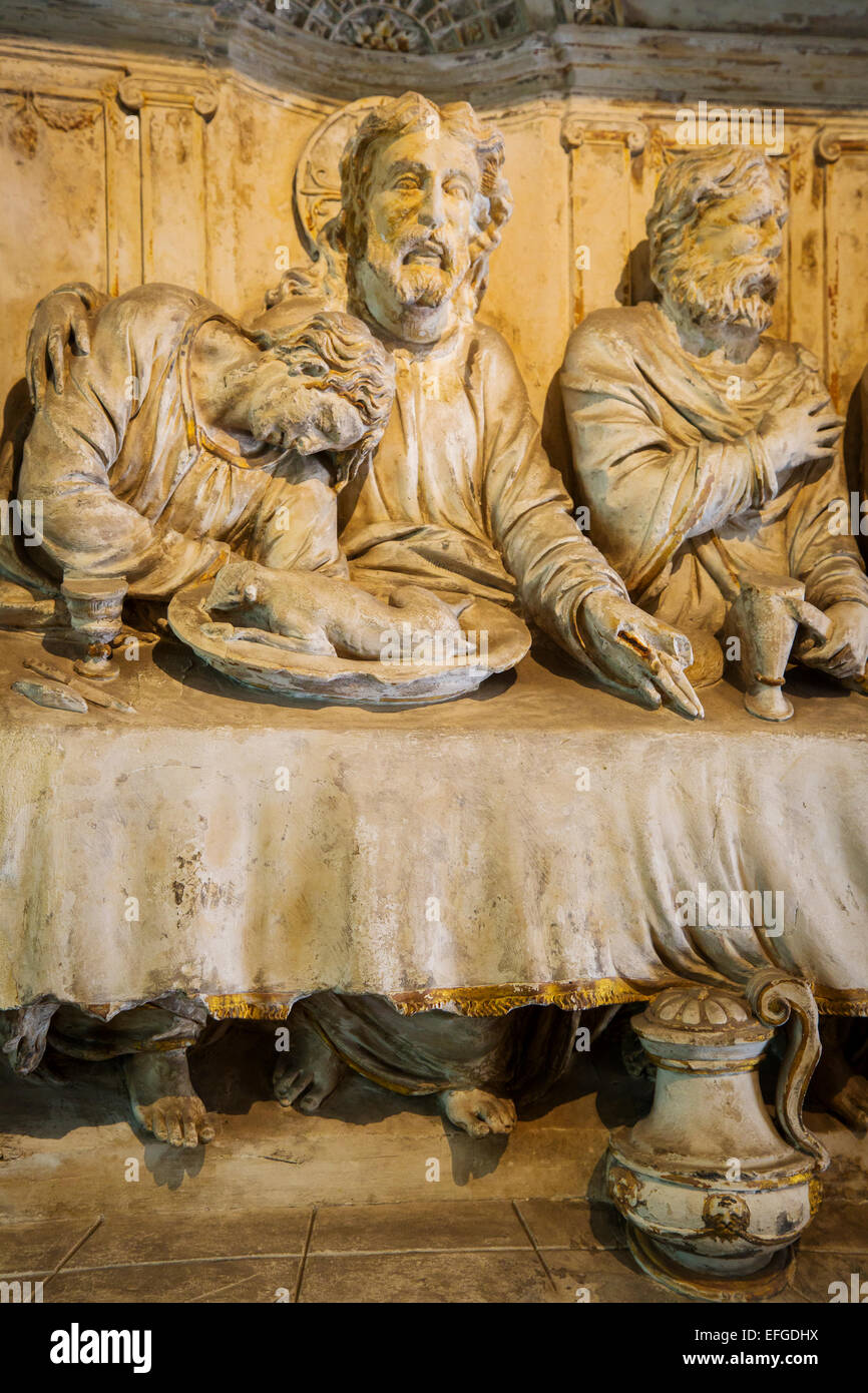 Legno intagliato pala da Eglise Saint Merri, Pierre Berton 1542, l'Ultima Cena, in mostra presso il Museo Carnavalet, le Marais, Foto Stock