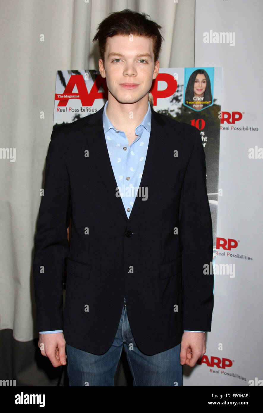 AARP pranzo in onore di Jeff Bridges che appare sull'Agosto/Settembre coperchio della AARP Magazine - Arrivi con: Cameron Monaghan dove: Los Angeles, California, Stati Uniti quando: 01 Ago 2014 Foto Stock