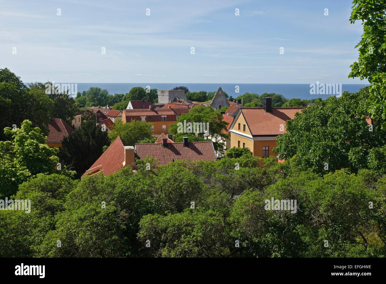 Vista sopra Visby e il Mar Baltico, Gotland, Svezia Foto Stock