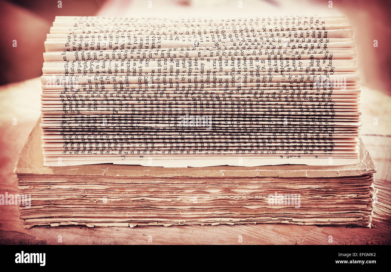Retrò immagine filtrata di un libro aperto sullo sfondo. Foto Stock