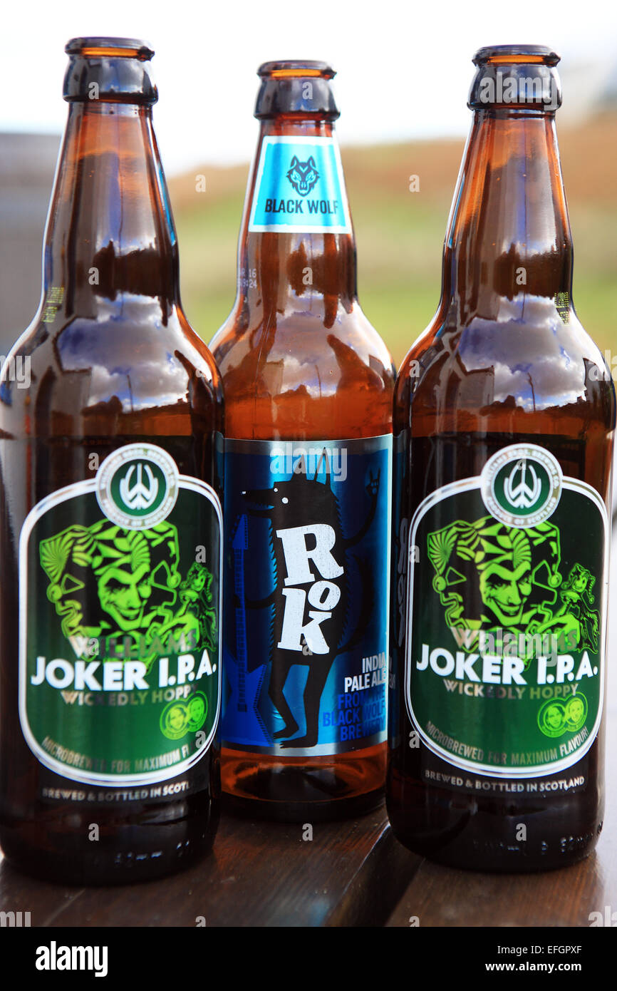 Bottiglie di Joker L.P.A e RoK parte scozzese della birra artigianale gamma di Williams Bros. La produzione di birra Co in Salford Foto Stock