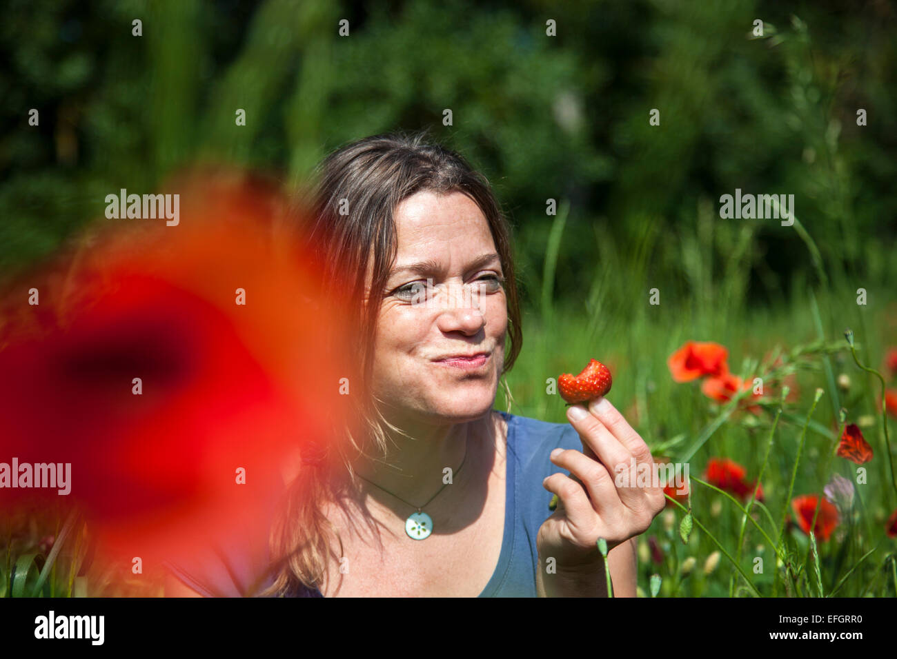 Giovane donna seduta in una fioritura di campo di papavero mangiare una fragola Foto Stock