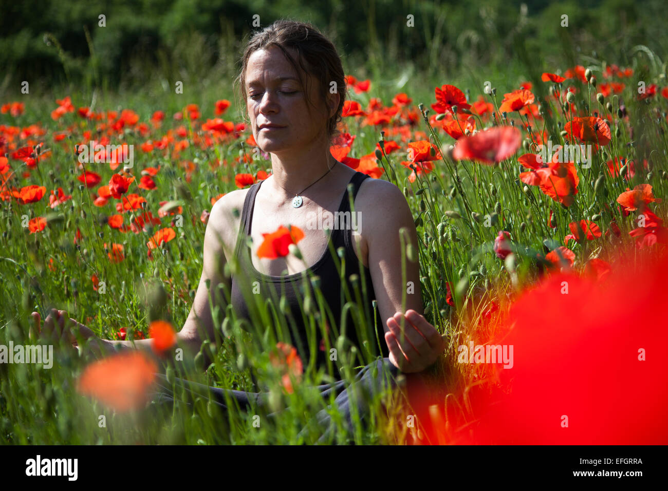 Giovane donna facendo esercizi Yoga in fioritura di un campo di semi di papavero Foto Stock