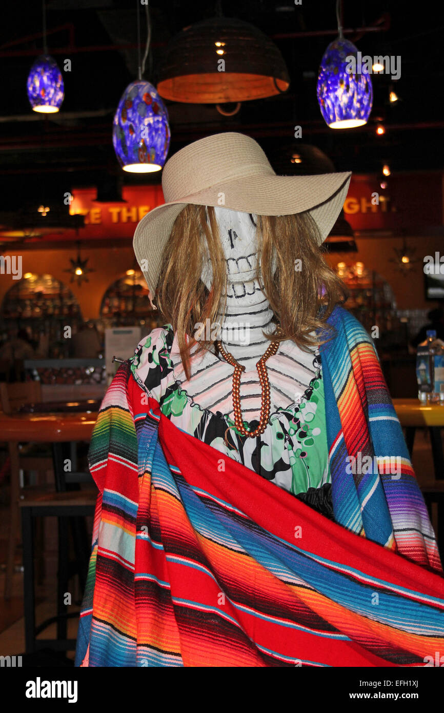 Lo scheletro che celebra il Dia de los Muertos avvolti in strisce colorate coperta in una barra di Tequila, Miami Airport Foto Stock