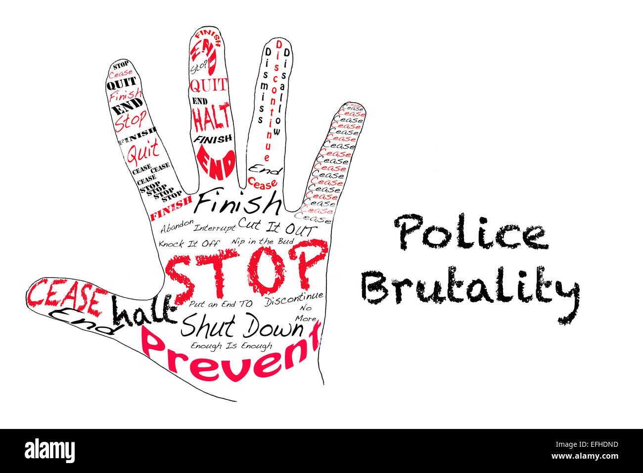 Profilo di una mano con le parole per fermare insieme con la parola brutalità della polizia Foto Stock