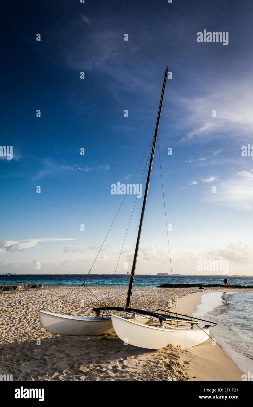 Un catamarano barca sulla spiaggia Foto Stock