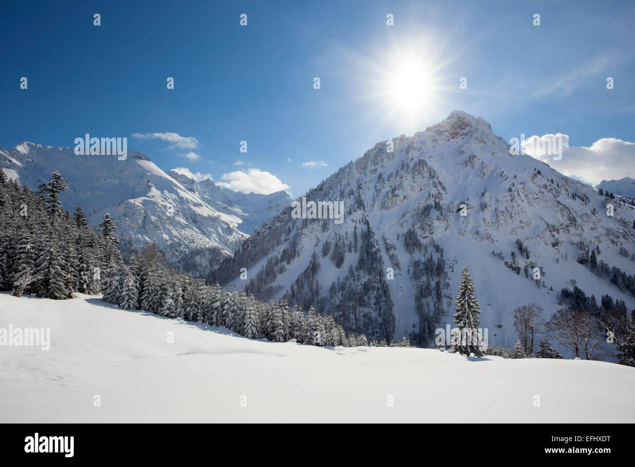 Paesaggio invernale a Hintersteiner Tal, vicino a Bad Hindelang, visualizzare a Giebel, Allgaeu, Baviera, Germania Foto Stock