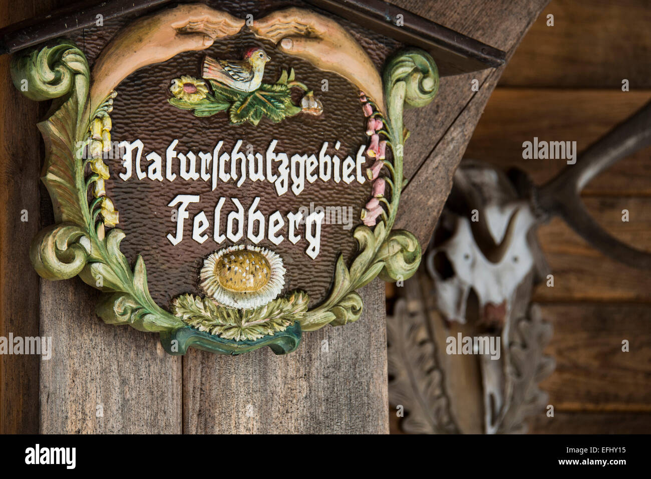 Segno indicante Feldberg riserva naturale della Foresta Nera, Baden-Wuerttemberg, Germania Foto Stock