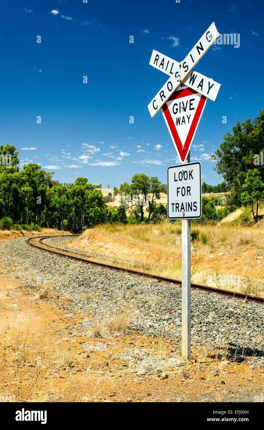 Ferroviarie dismesse e 'Look per treni' firmare nel sud-ovest del Western Australia. Foto Stock