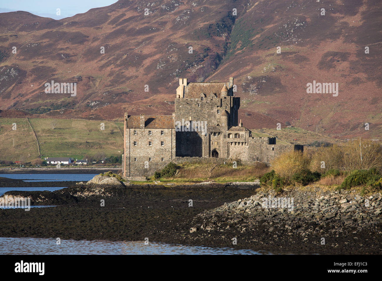 Eilean Donan Castle e Loch Duich, altopiani, Scozia Foto Stock