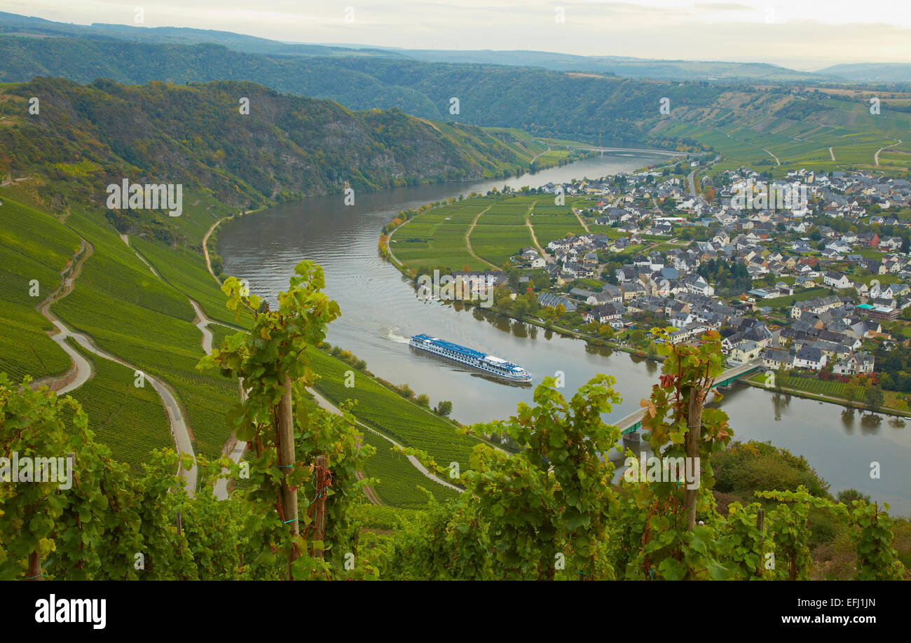 Vista verso la valle del fiume Mosel e Niederemmel, Renania-Palatinato, Germania, Europa Foto Stock