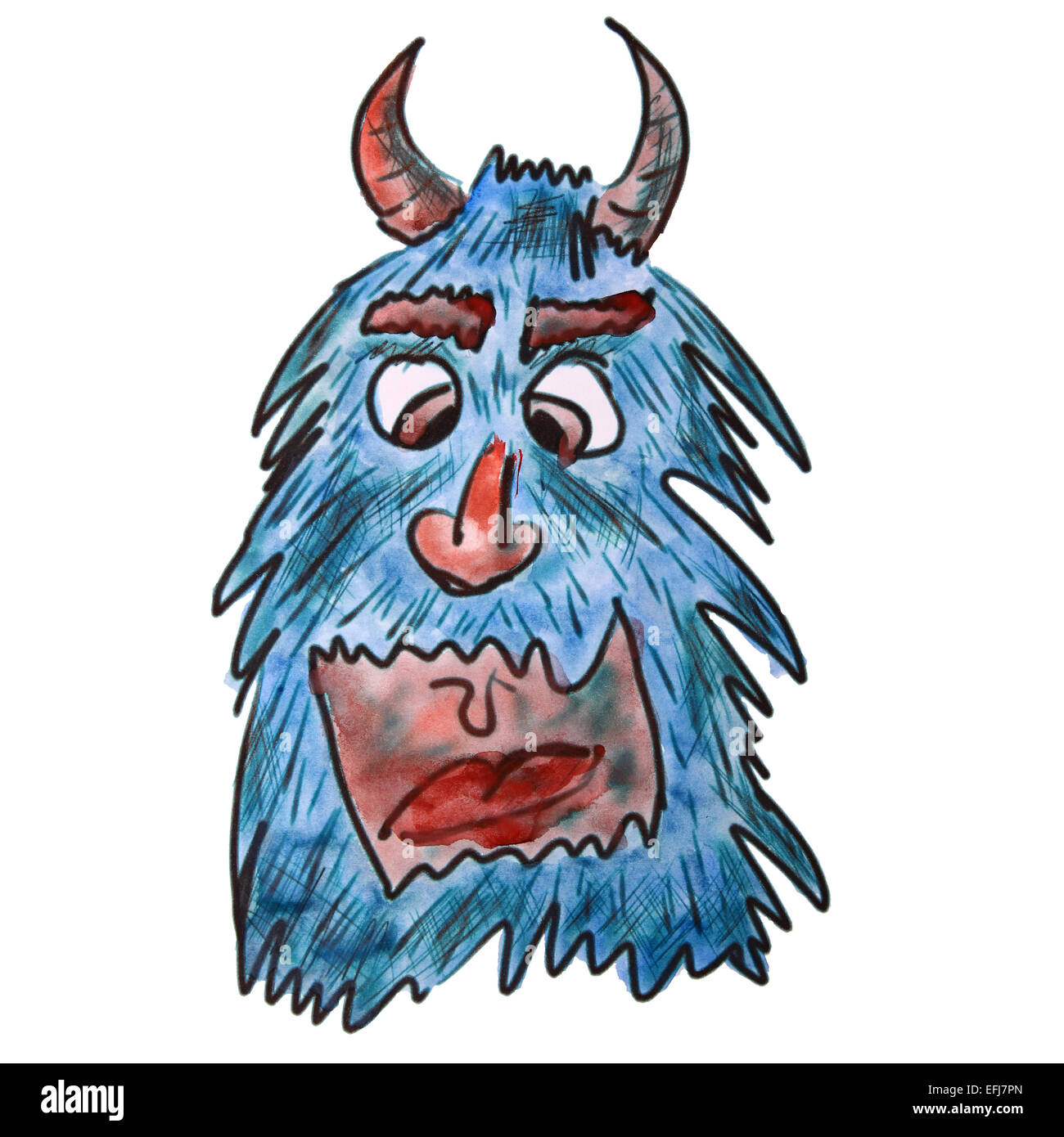 Hairy blue monster con corna acquerello disegno animato isolato sfondo bianco Foto Stock