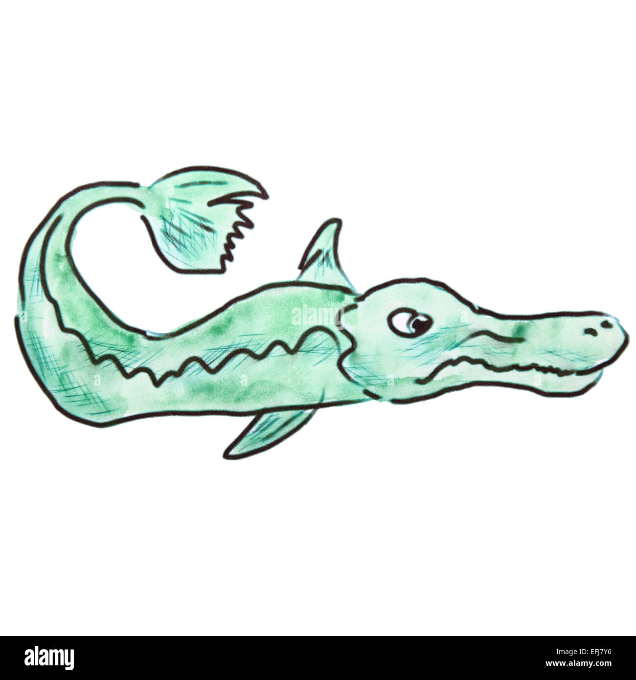 Acquerello cartoon pesce illustrazione verde isolato sfondo bianco Foto Stock