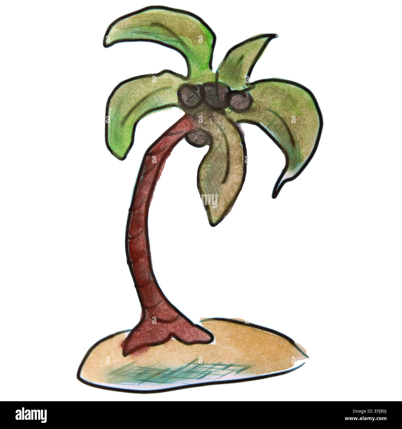 Acquerello Palm tree verde chiaro in figura del fumetto, isolato sfondo bianco Foto Stock