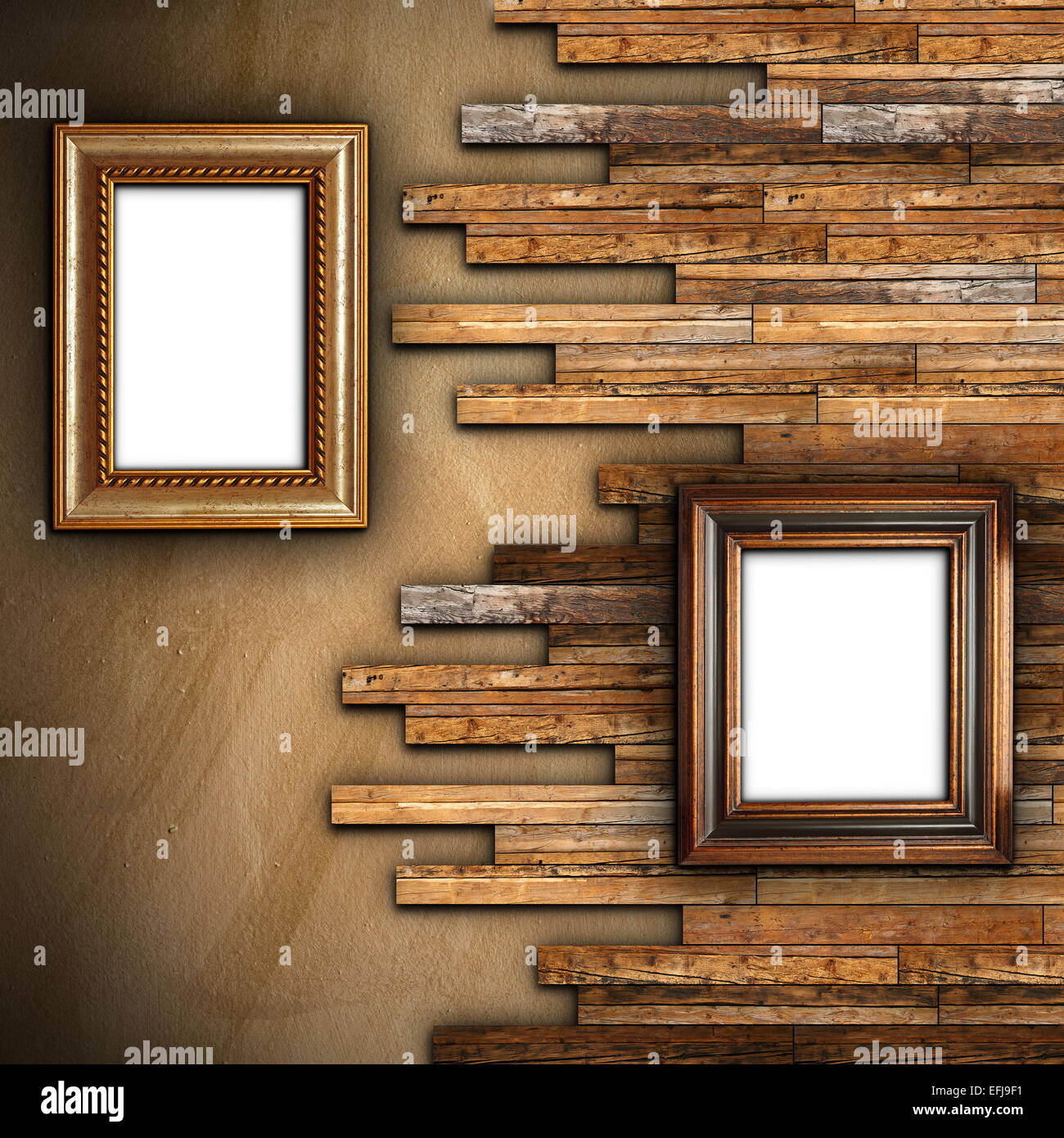 Abstract parete con intonaco e finitura in legno con due bellissimi quadri di pittura per il vostro messaggio o immagine Foto Stock