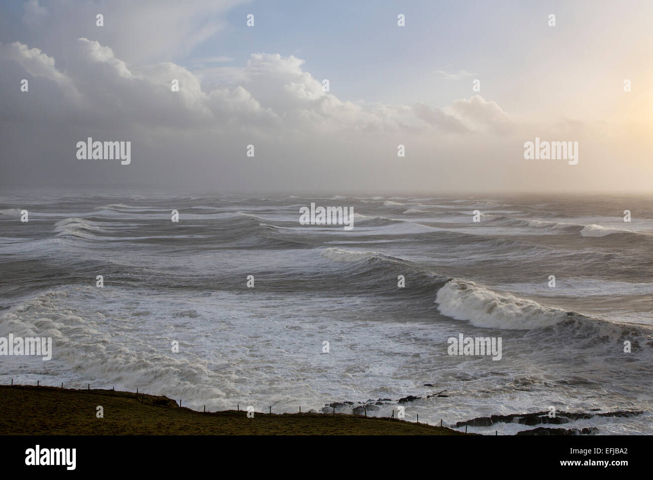 Molto ruvida mari invernali in Bideford Bay off Saunton, North Devon, Inghilterra, Regno Unito, con grandi onde cresta soleggiato nel tardo pomeriggio Foto Stock
