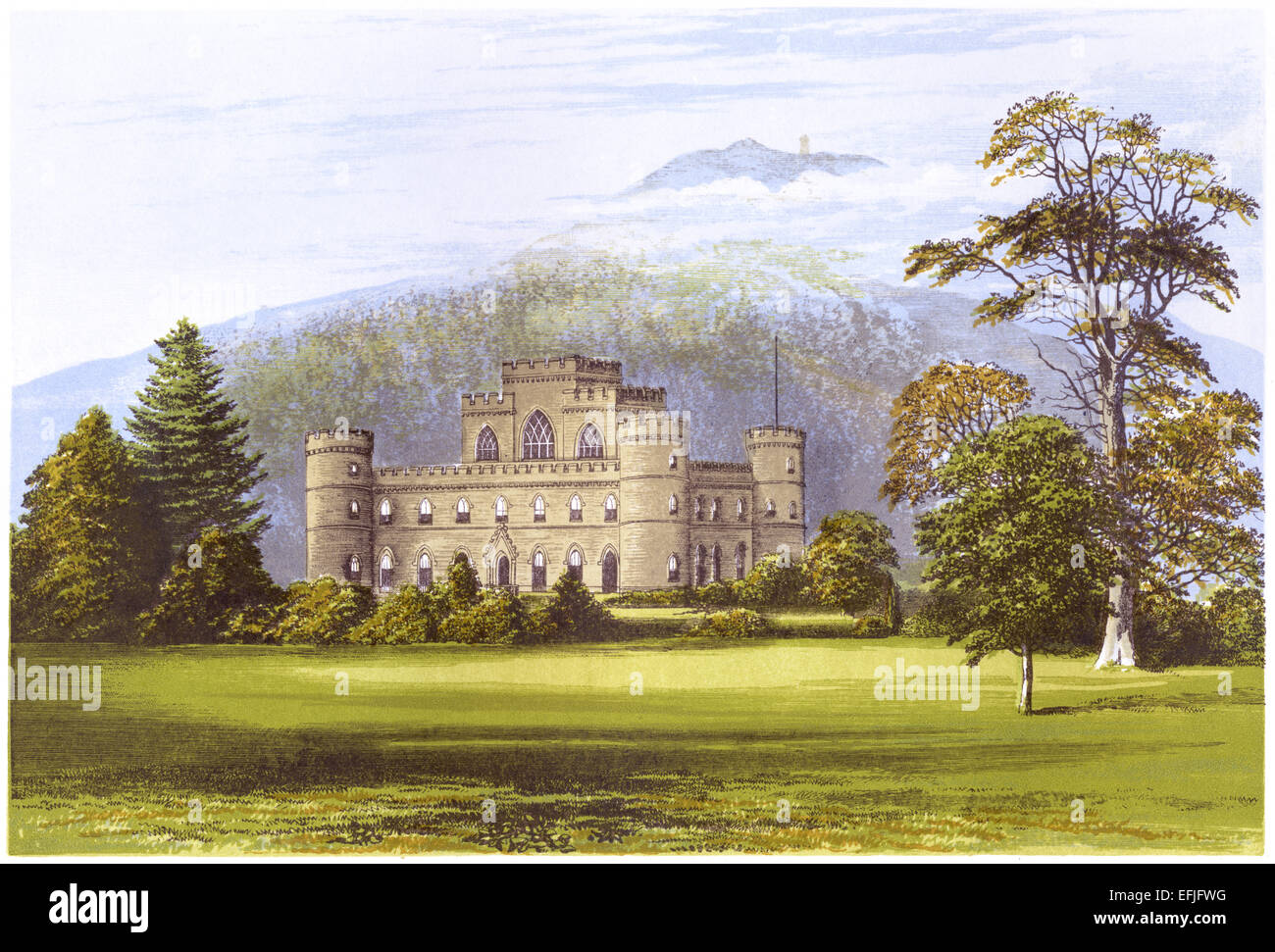 Una illustrazione colorata di Inveraray Castle scansionati ad alta risoluzione da un libro stampato nel 1870. Foto Stock