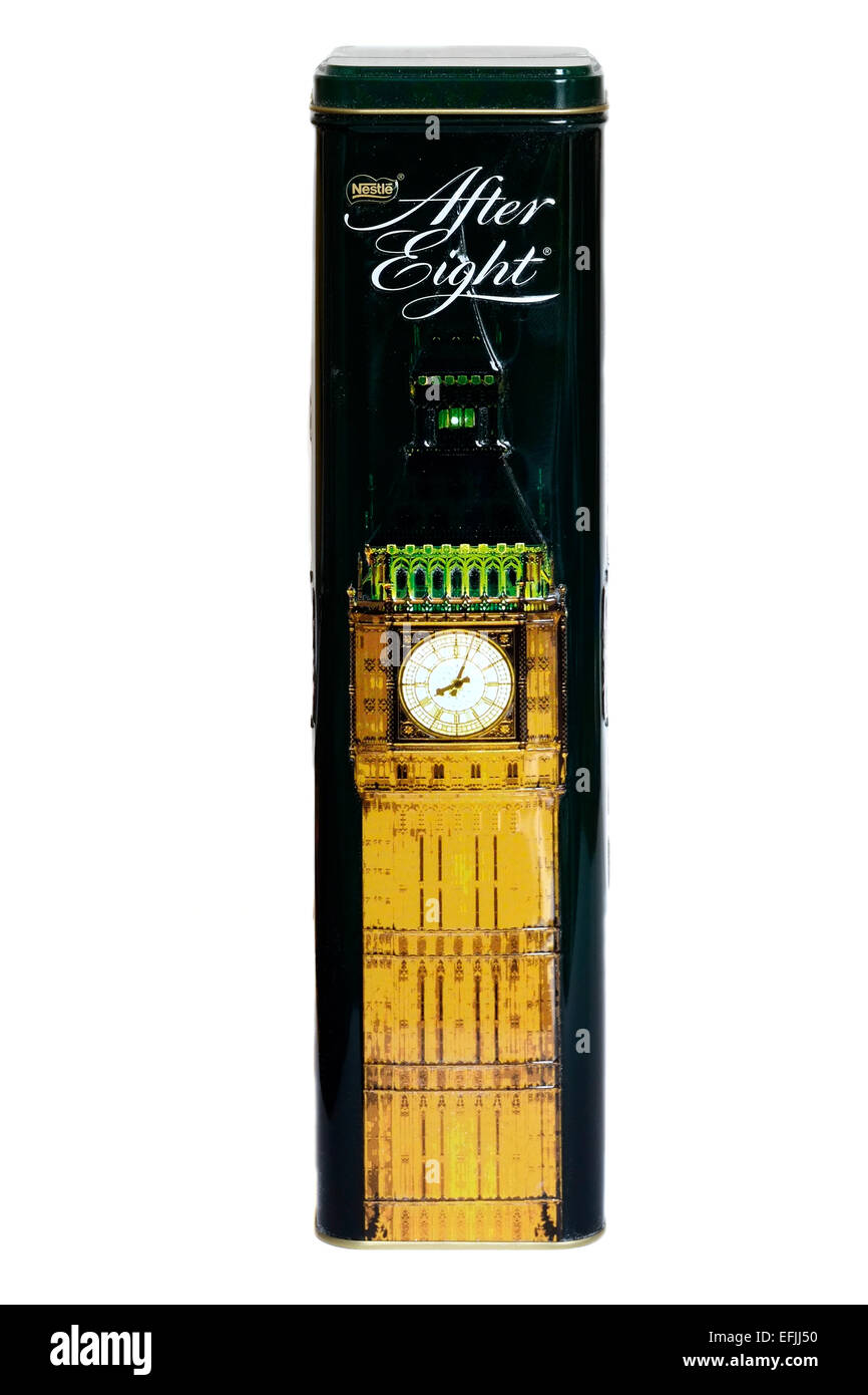 Edizione speciale di stagno dopo otto cioccolatini raffigurante il big ben design Foto Stock