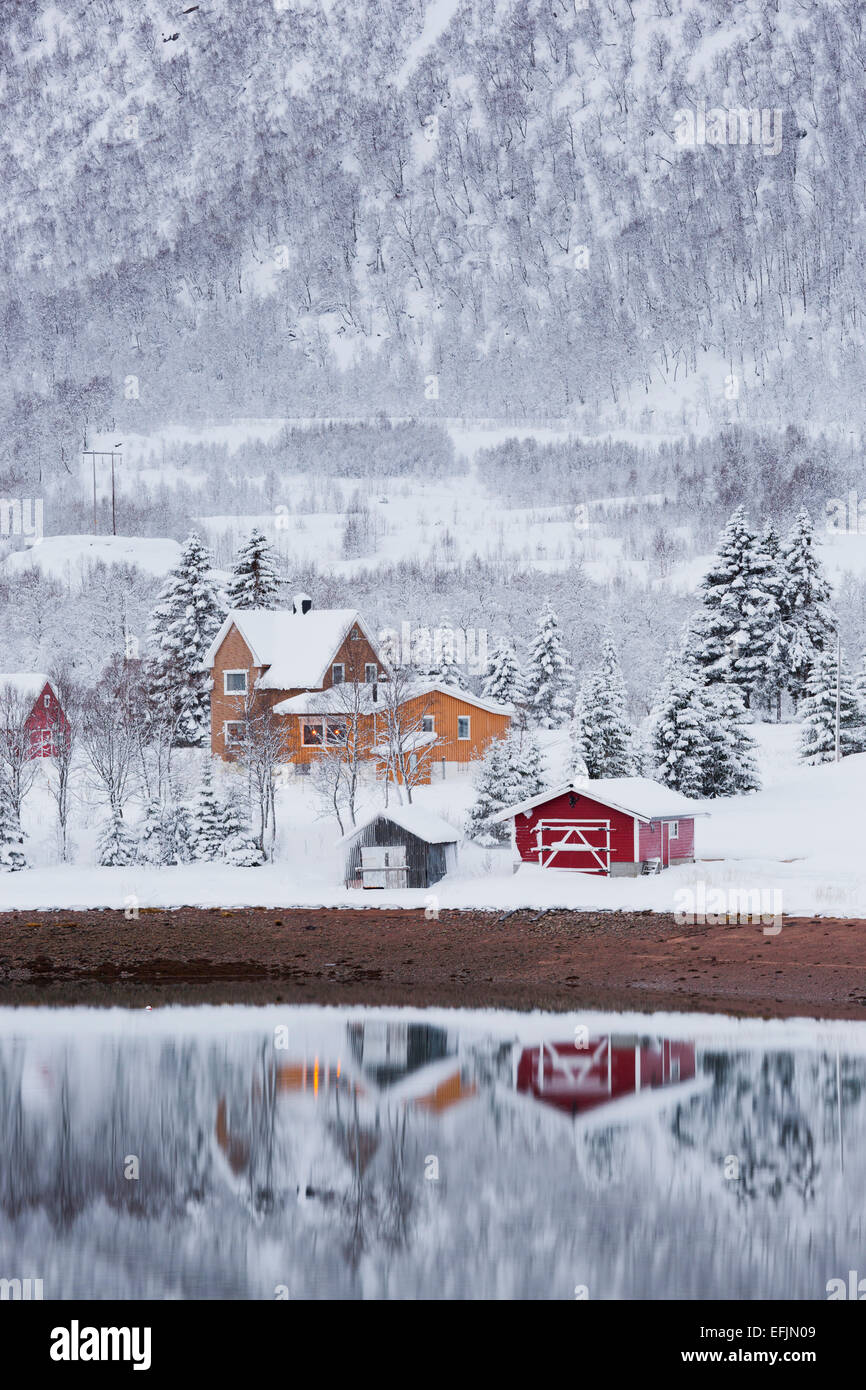 La riflessione di case nel fiordo, Fiskefjorden, Hinnoya, Vesteralen, Nordland, Norvegia Foto Stock