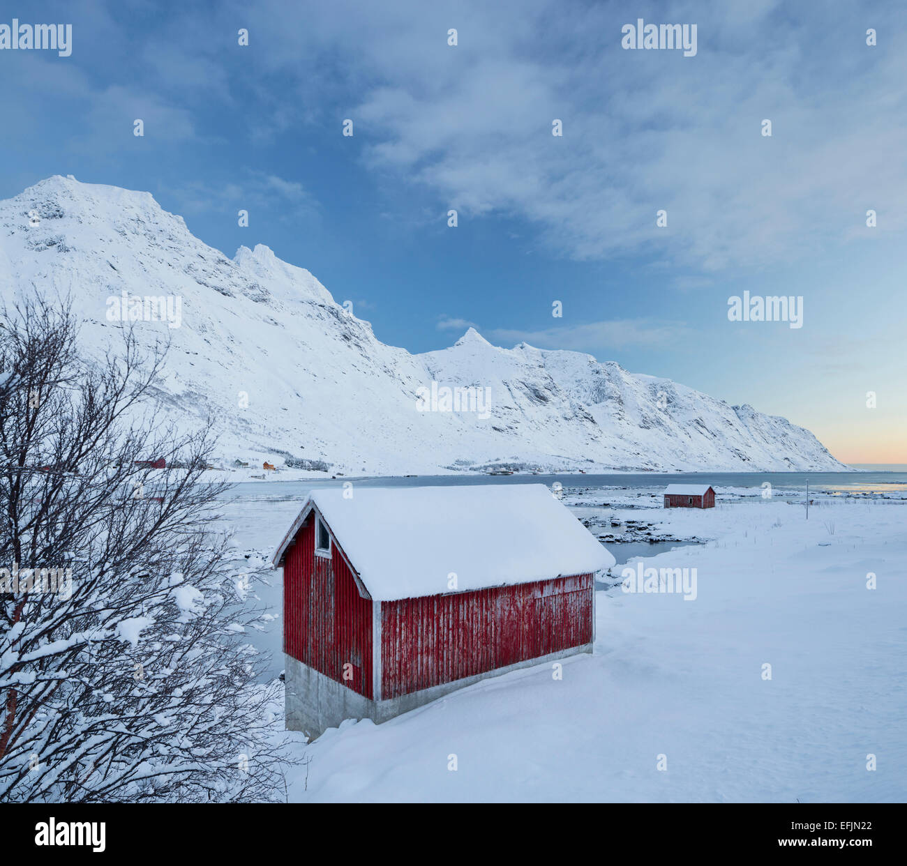 Indre Skjelfjorden, Flakstadoya, Lofoten, Nordland, Norvegia Foto Stock
