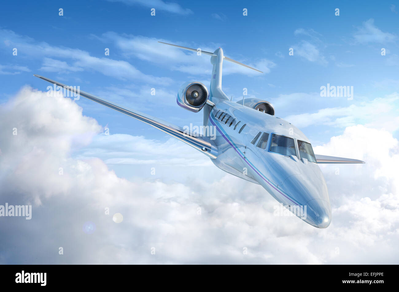 Jet Privato aereo. Prospettiva/vista frontale. Con il Cielo e nubi dello sfondo. Foto Stock