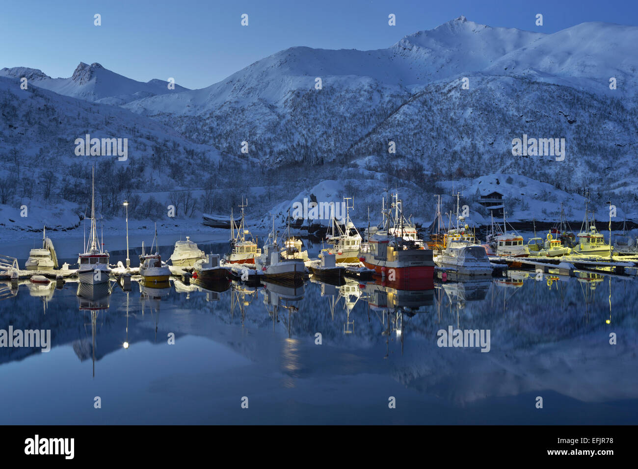 Sildpollneset Harbour, Vestpollen, Austnesfjorden, Austvagoya, Lofoten, Nordland, Norvegia Foto Stock